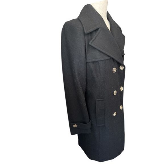 Michael Kors Black Wool Blend Double Breasted Trench Coat Brass Buttons - Picture 4 of 9